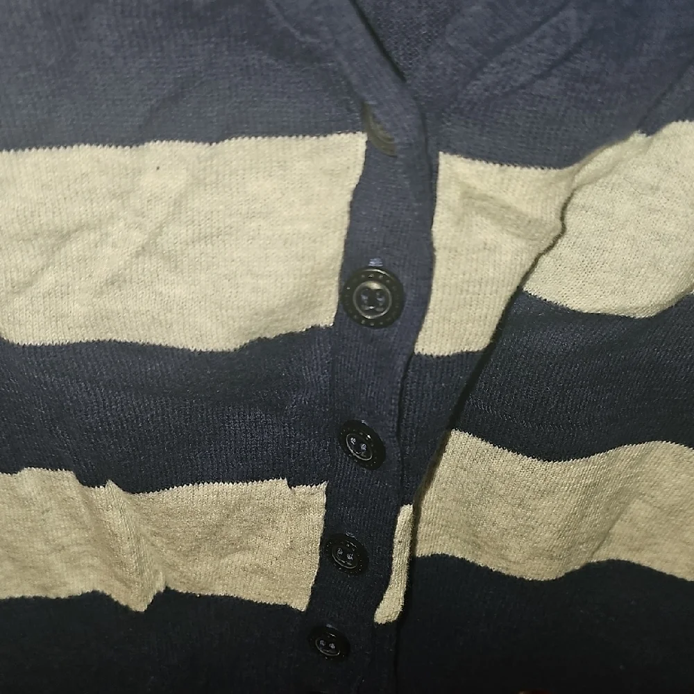 Justice Girls Striped Navy and Gray Buttin Vneck Sweater With Flowers Size 14